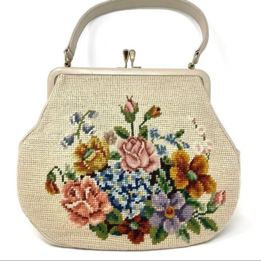 VINTAGE Cottagecore Cross Stitch Cream Floral Large Satchel Bag